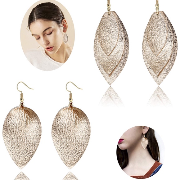 🔴$8 CLEARANCE Leather Leaf Dangle Earrings Gold - Picture 5 of 8